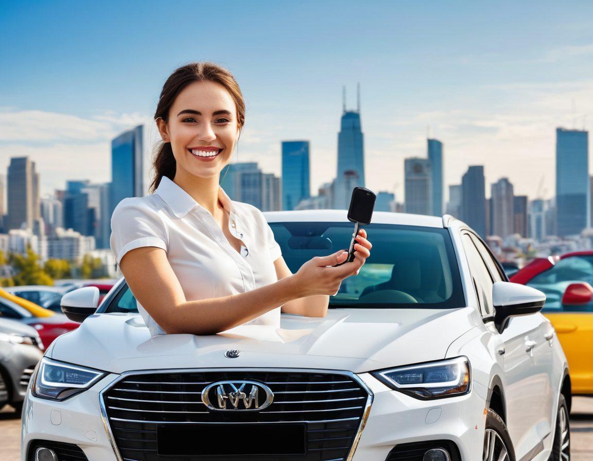 A person holding a set of car keys standing beside a shiny, affordable car with a joyful expression, while reviewing a laptop displaying the words 'Best Car Insurance'. In the background, a bright cityscape with clear skies showcasing various vehicles. Emphasize a sense of empowerment and choice. vibrant colors. super-realistic. white background.