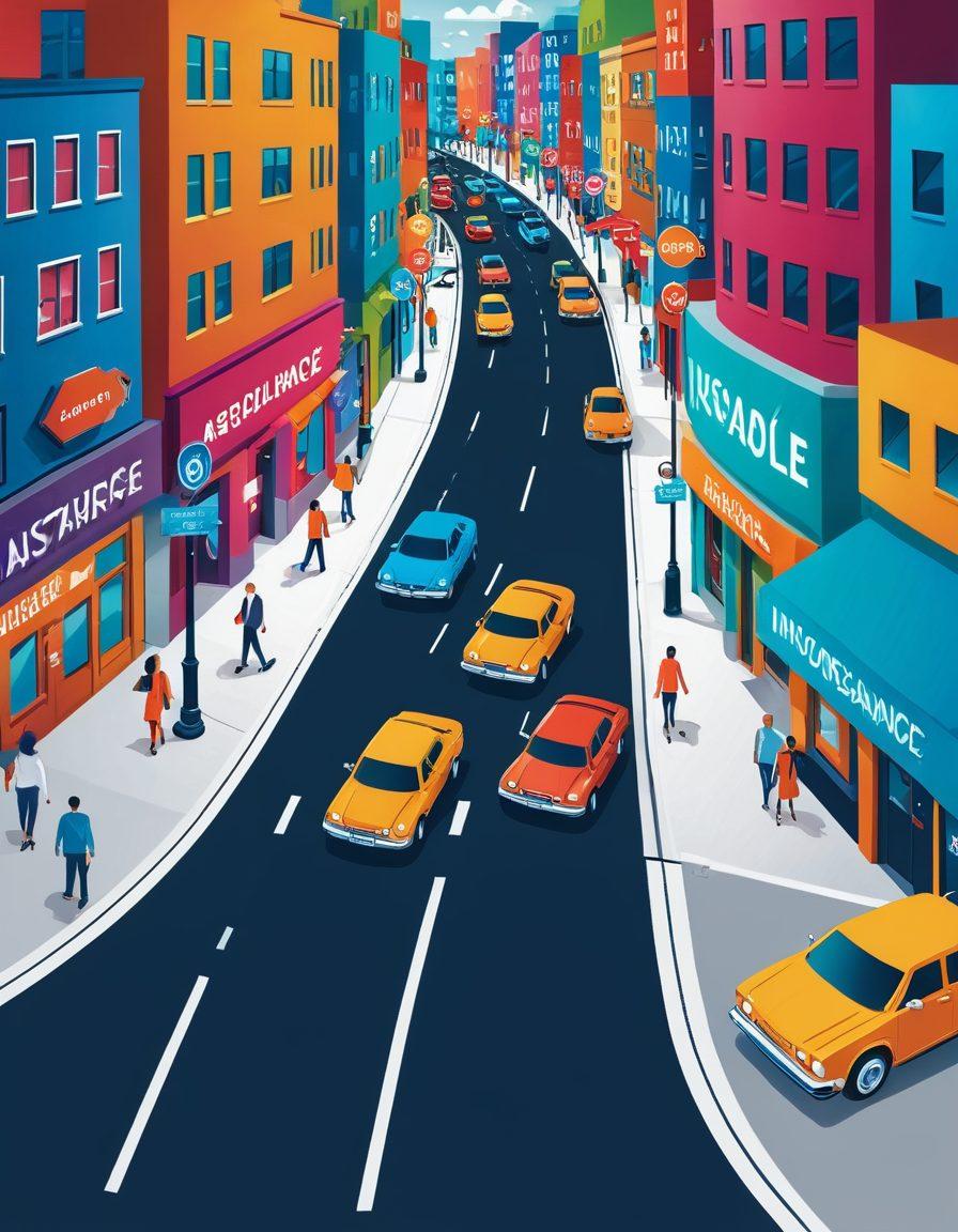 A visually engaging representation of a winding road illuminated by street signs showcasing various car insurance options like 'Affordable Rates', 'Comprehensive Coverage', and 'Discount Deals'. In the background, a diverse group of people confidently making their way towards a bright, modern insurance office. The color palette should be cheerful and inviting, conveying a sense of security and smart choice-making. vibrant colors. vector art.