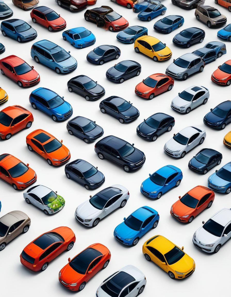 A collage showcasing a diverse range of cars parked under a bright blue sky, surrounded by floating icons representing insurance policies, savings, and protection; a magnifying glass highlighting a key insurance contract; vibrant colors to emphasize trust and security. super-realistic. vibrant colors. white background.